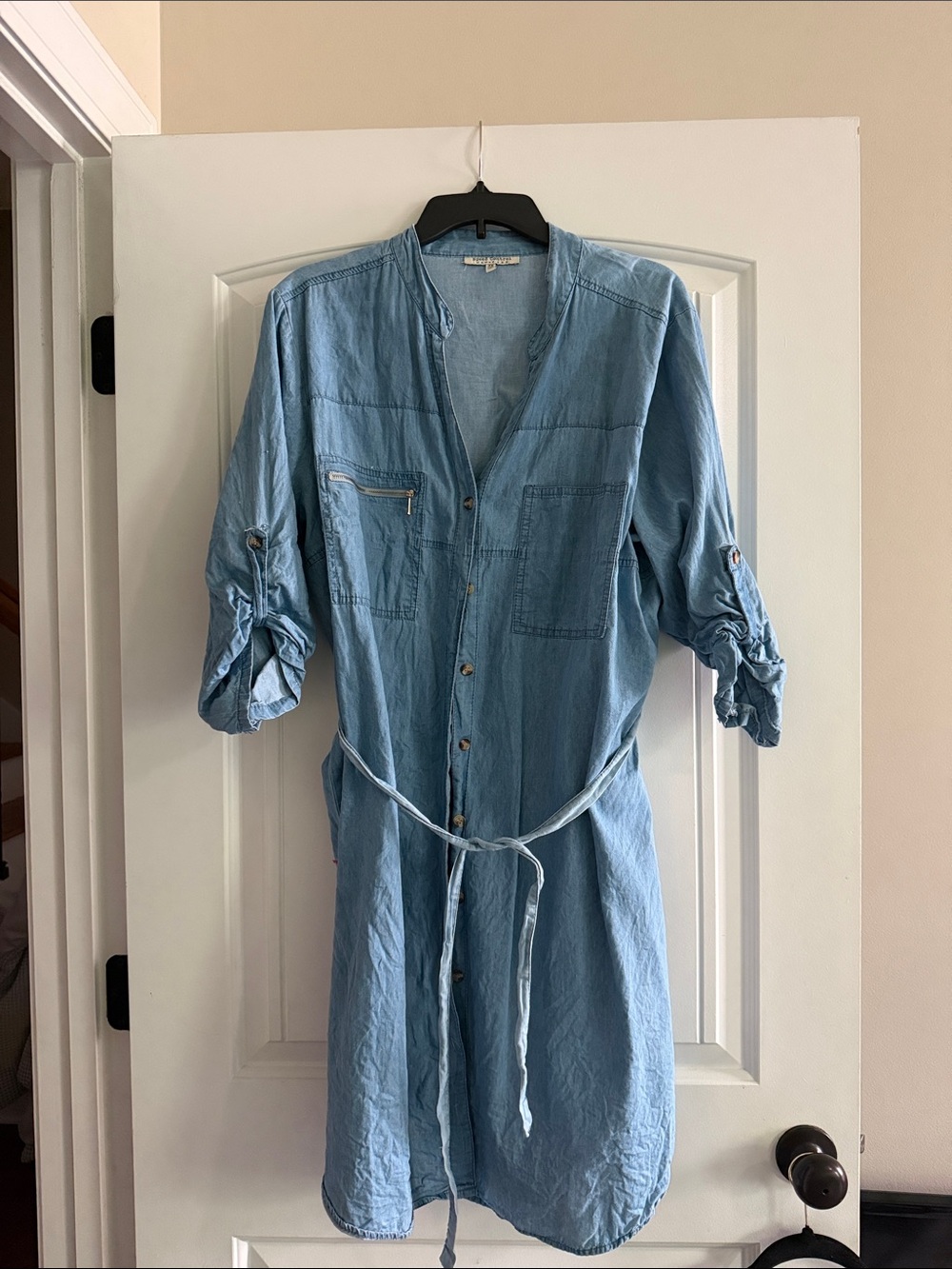 Light Wash Denim Shirt Dress with Tie Waist